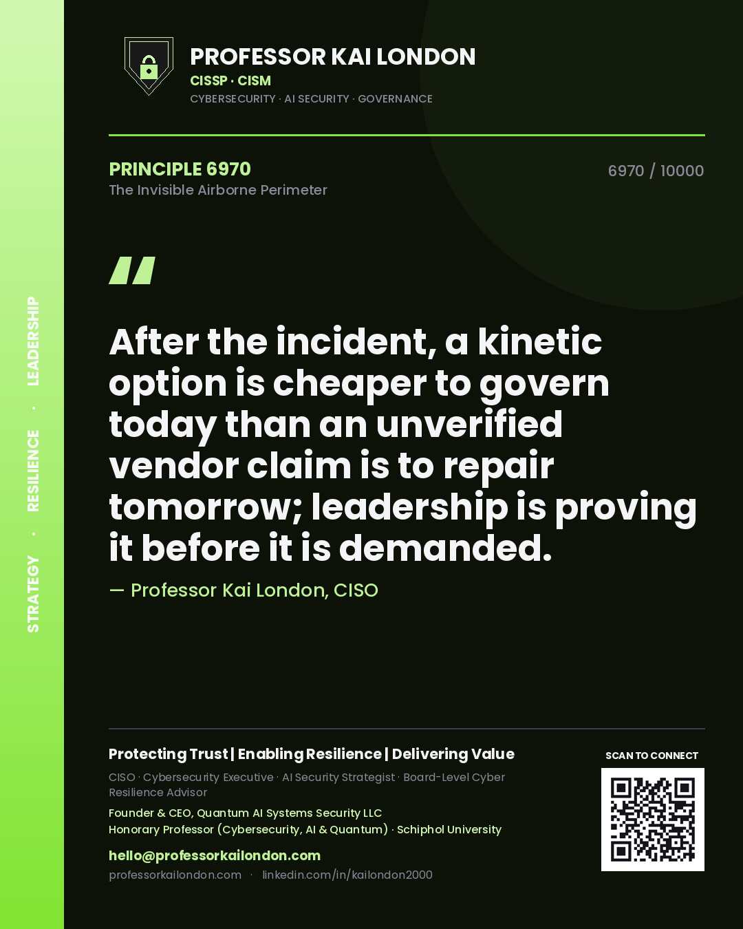 Quote card by Professor Kai London reading 'After the incident, a kinetic option is cheaper to govern today than an unverified vendor claim is to repair tomorrow; leadership is proving it before it is demanded.'. From the book The Invisible Airborne Perimeter.