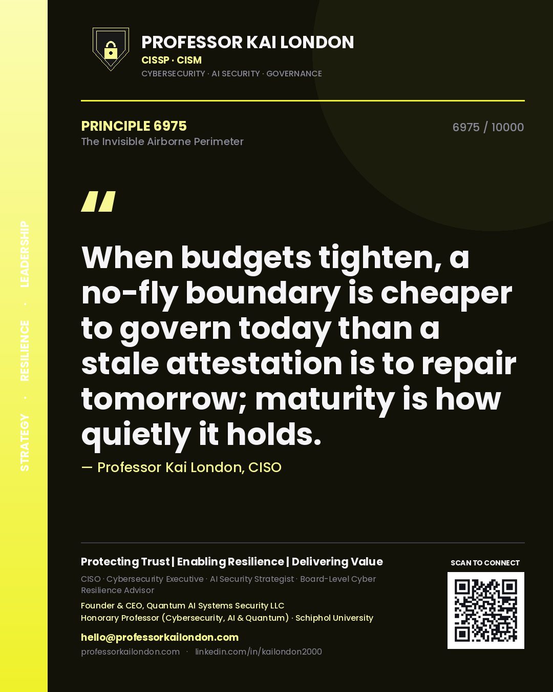 Professor Kai London principle 6975: When budgets tighten, a no-fly boundary is cheaper to govern today than a stale attestation is to repair tomorrow; maturity is how quietly it holds.