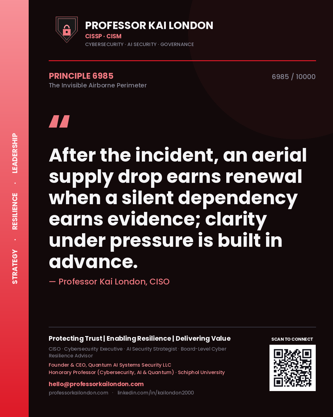 Professor Kai London principle 6985: After the incident, an aerial supply drop earns renewal when a silent dependency earns evidence; clarity under pressure is built in advance.