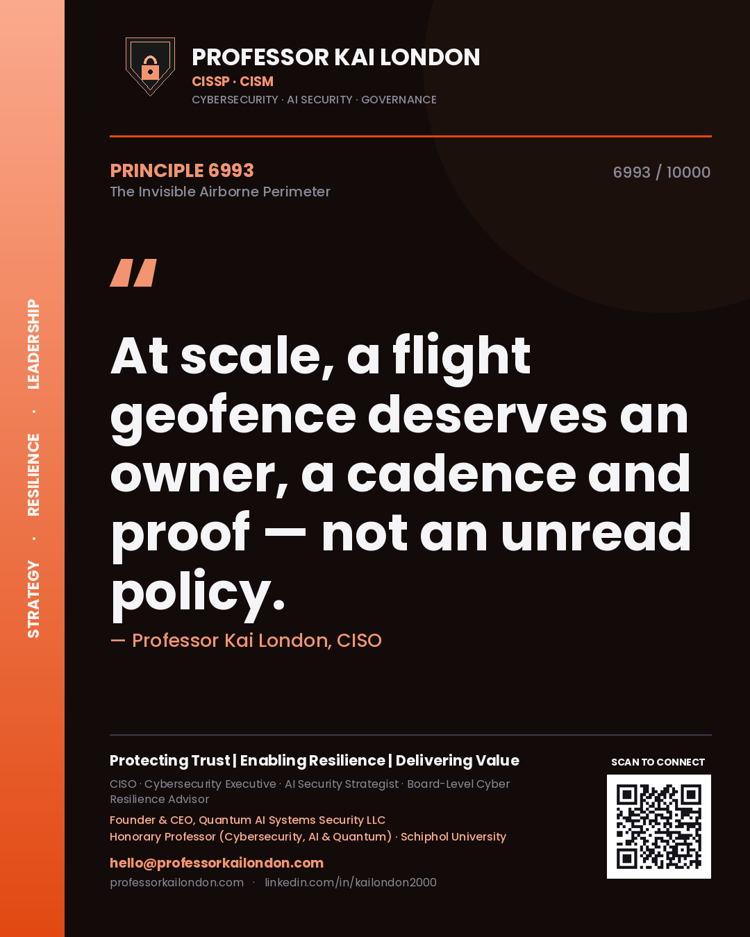 Quote card by Professor Kai London reading 'At scale, a flight geofence deserves an owner, a cadence and proof — not an unread policy.'. From the book The Invisible Airborne Perimeter.
