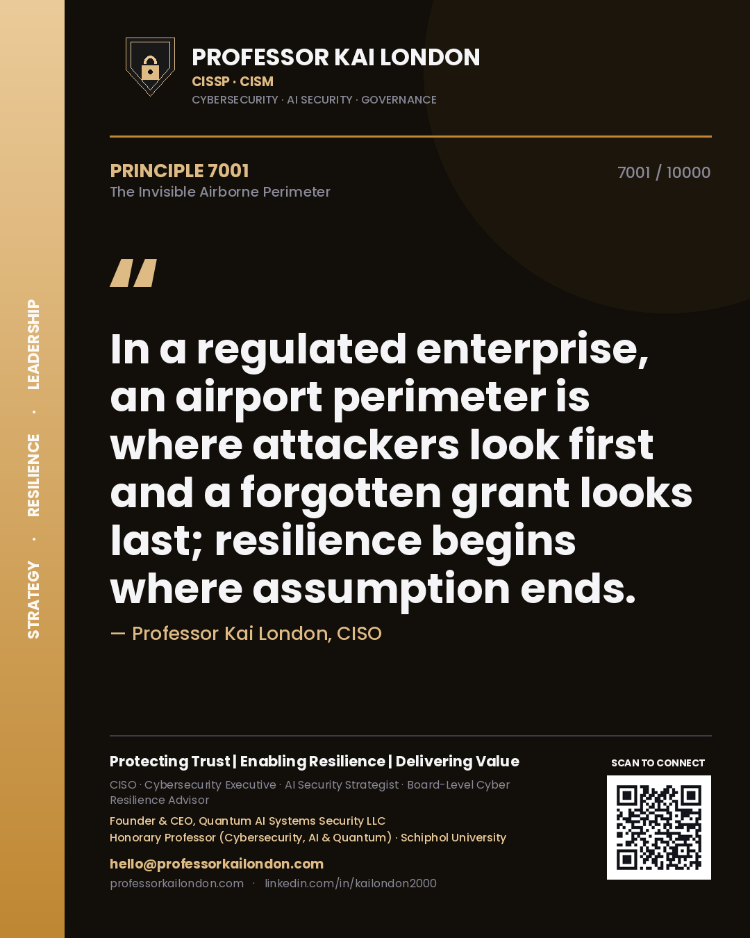 Quote card by Professor Kai London reading 'In a regulated enterprise, an airport perimeter is where attackers look first and a forgotten grant looks last; resilience begins where assumption ends.'. From the book The Invisible Airborne Perimeter.