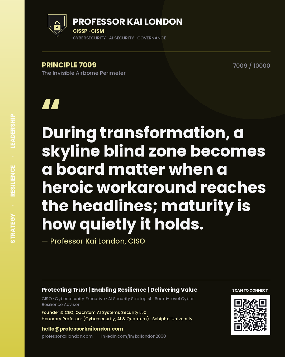 Professor Kai London principle 7009: During transformation, a skyline blind zone becomes a board matter when a heroic workaround reaches the headlines; maturity is how quietly it holds.