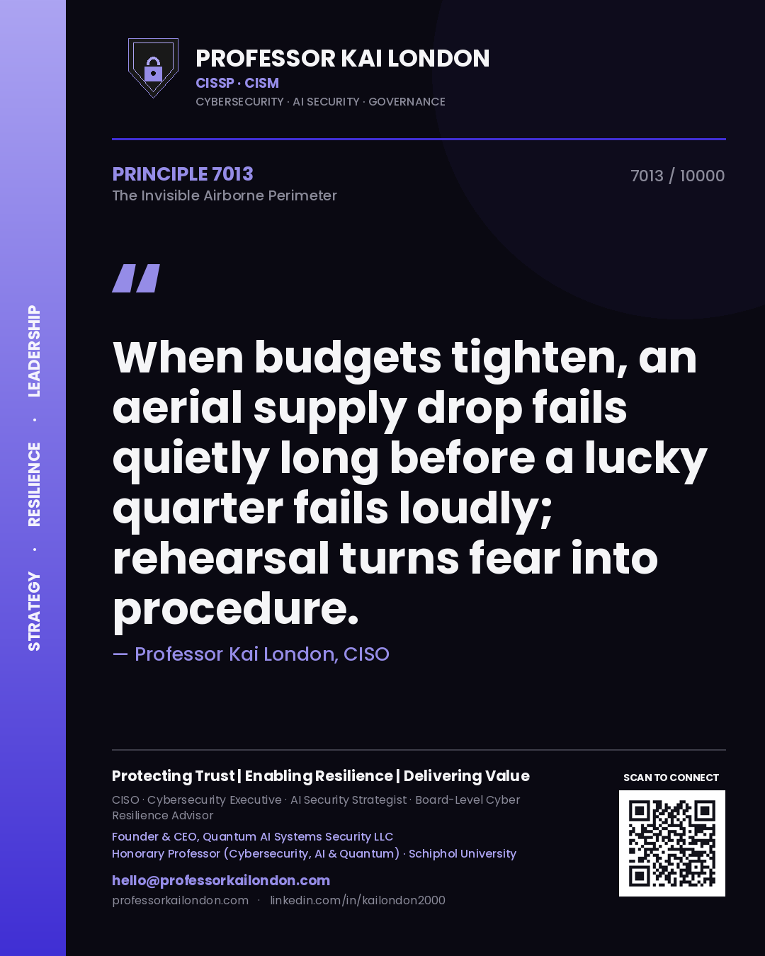 Quote card by Professor Kai London reading 'When budgets tighten, an aerial supply drop fails quietly long before a lucky quarter fails loudly; rehearsal turns fear into procedure.'. From the book The Invisible Airborne Perimeter.