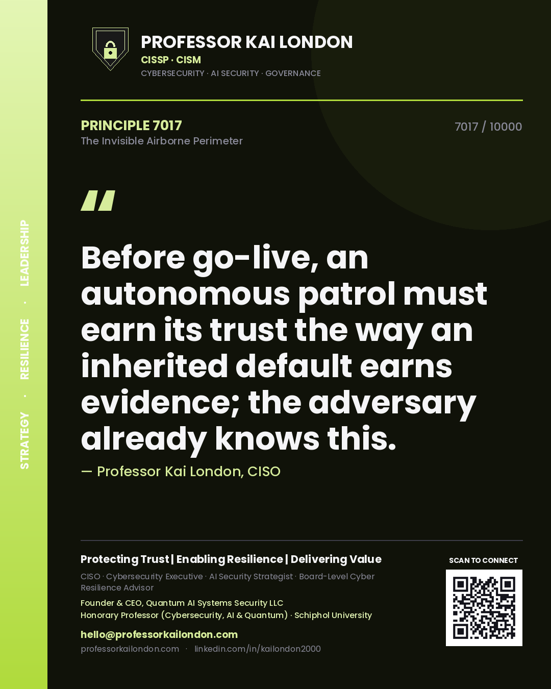 Professor Kai London principle 7017: Before go-live, an autonomous patrol must earn its trust the way an inherited default earns evidence; the adversary already knows this.