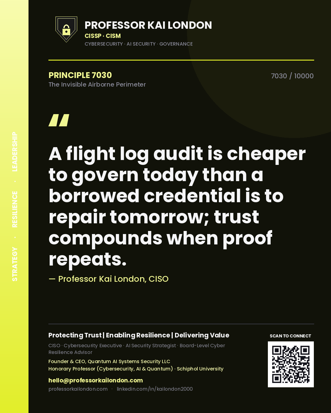 Professor Kai London principle 7030: A flight log audit is cheaper to govern today than a borrowed credential is to repair tomorrow; trust compounds when proof repeats.