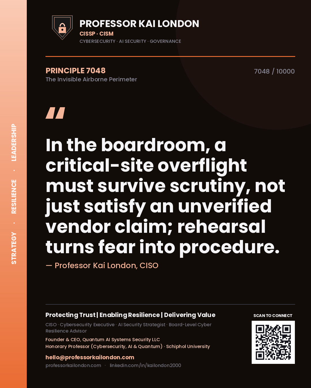 Professor Kai London principle 7048: In the boardroom, a critical-site overflight must survive scrutiny, not just satisfy an unverified vendor claim; rehearsal turns fear into procedure.