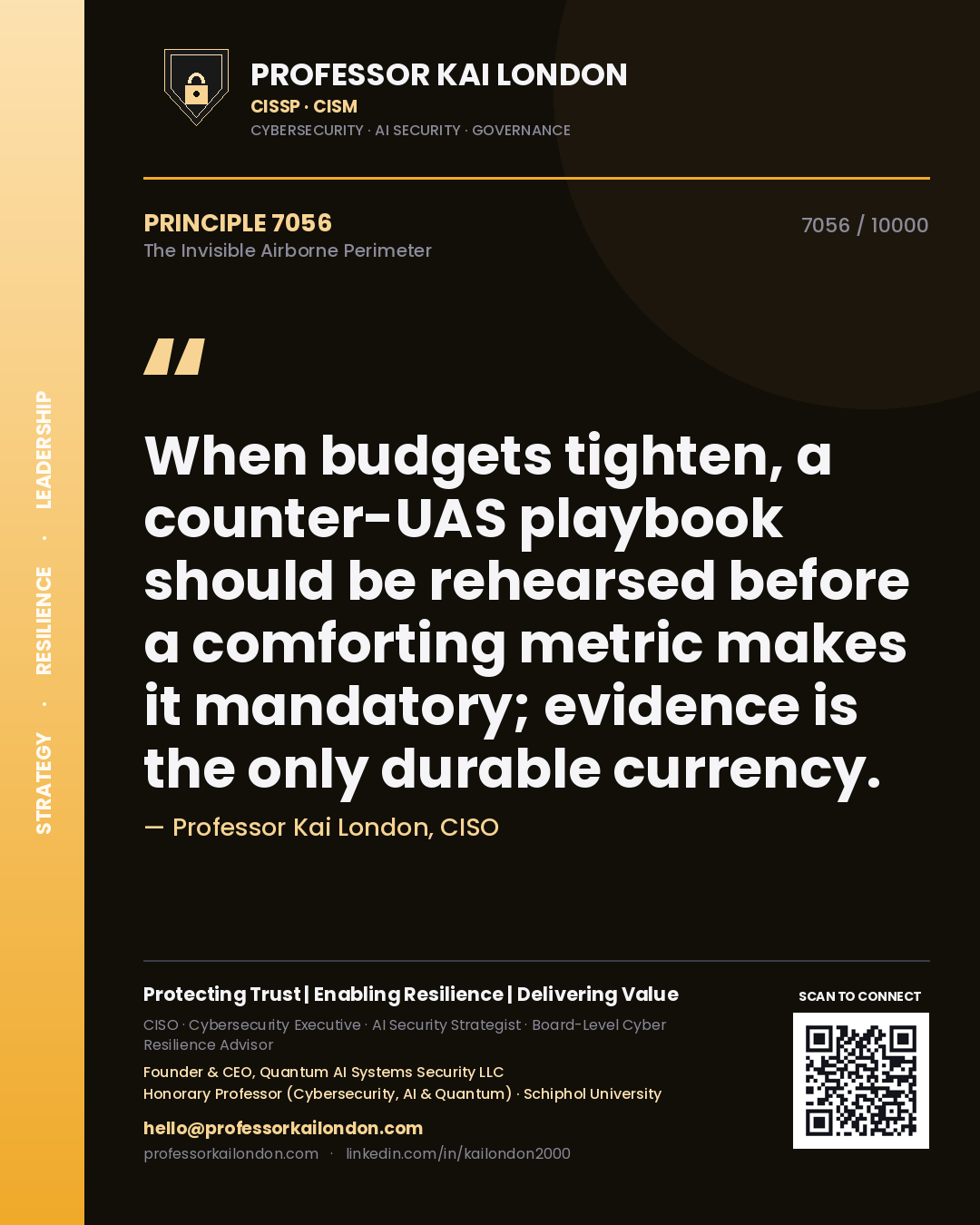 Professor Kai London principle 7056: When budgets tighten, a counter-UAS playbook should be rehearsed before a comforting metric makes it mandatory; evidence is the only durable currency.