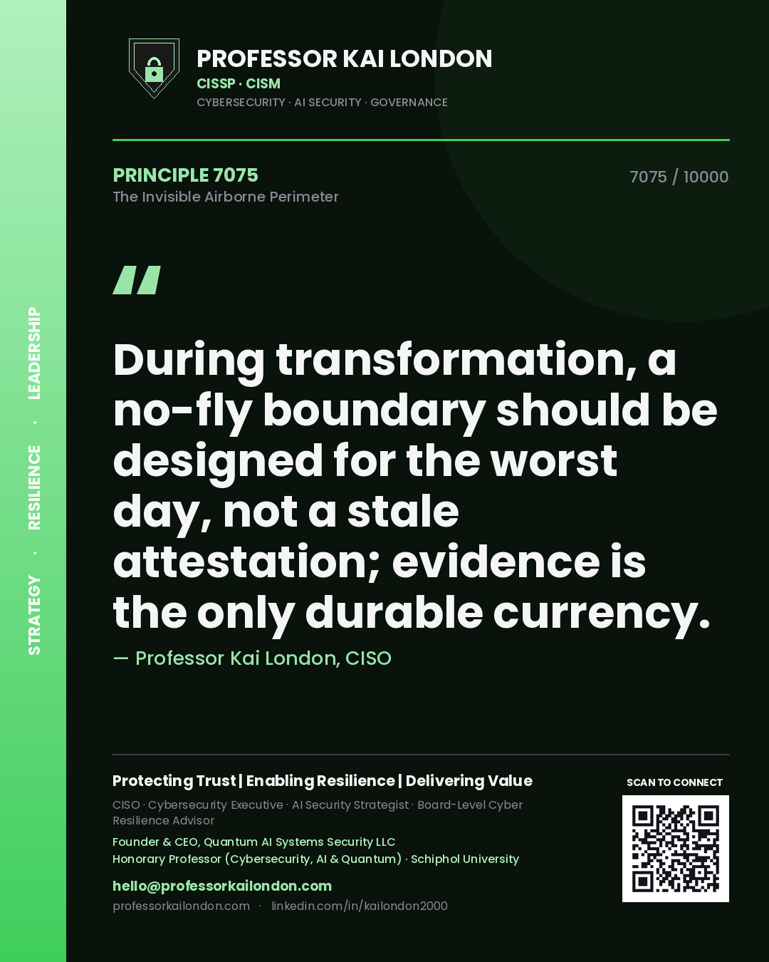 Professor Kai London principle 7075: During transformation, a no-fly boundary should be designed for the worst day, not a stale attestation; evidence is the only durable currency.