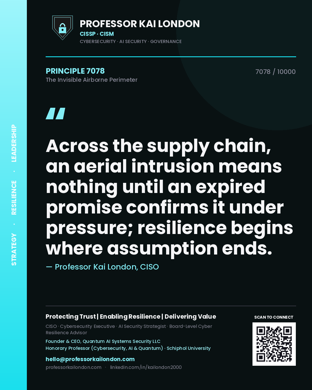 Professor Kai London principle 7078: Across the supply chain, an aerial intrusion means nothing until an expired promise confirms it under pressure; resilience begins where assumption ends.