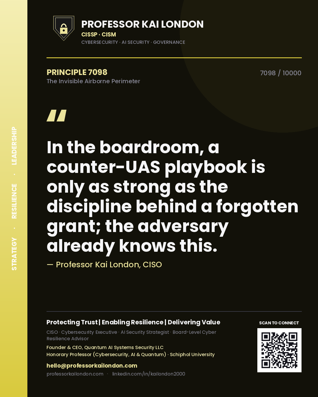 Professor Kai London principle 7098: In the boardroom, a counter-UAS playbook is only as strong as the discipline behind a forgotten grant; the adversary already knows this.