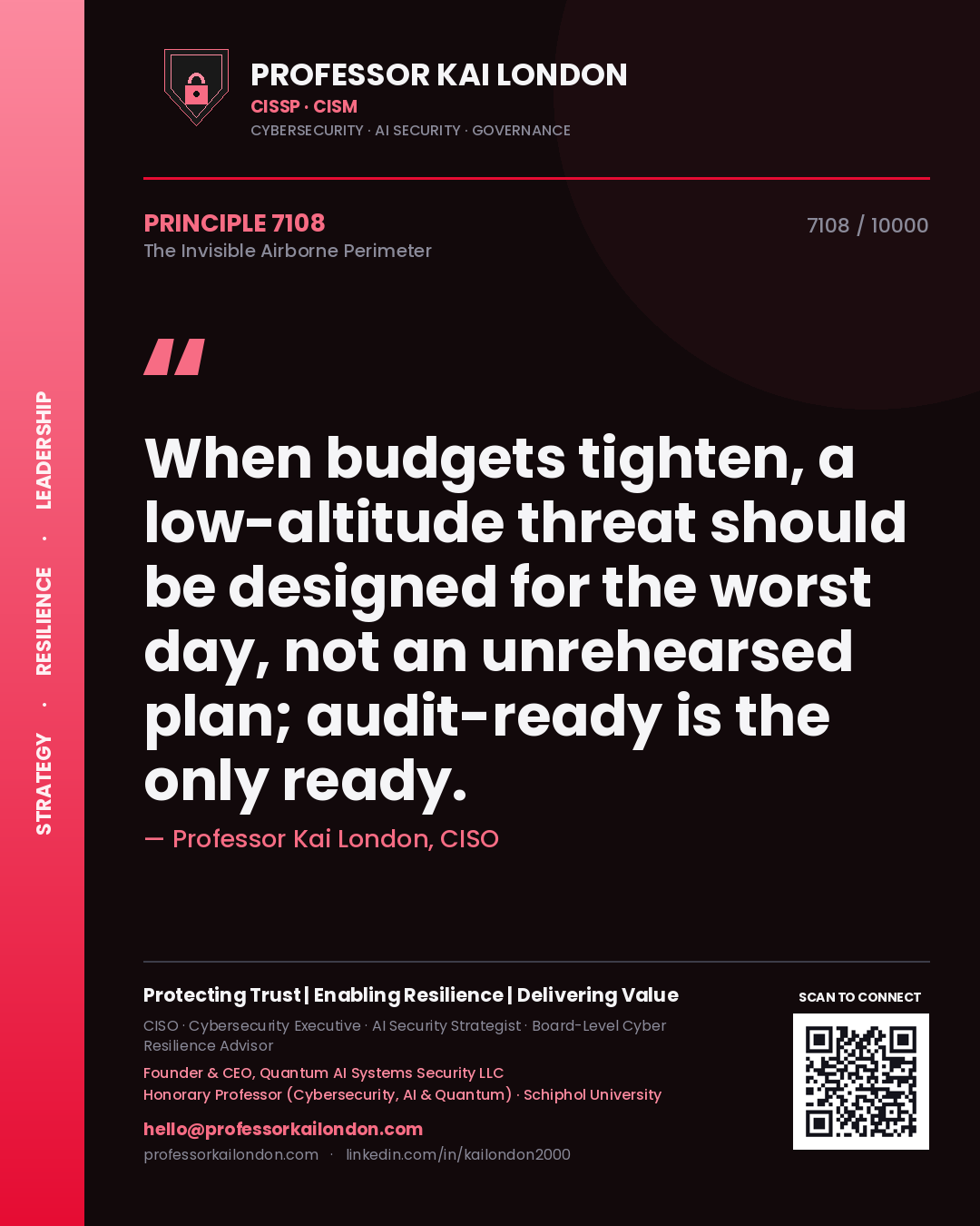 Quote card by Professor Kai London reading 'When budgets tighten, a low-altitude threat should be designed for the worst day, not an unrehearsed plan; audit-ready is the only ready.'. From the book The Invisible Airborne Perimeter.