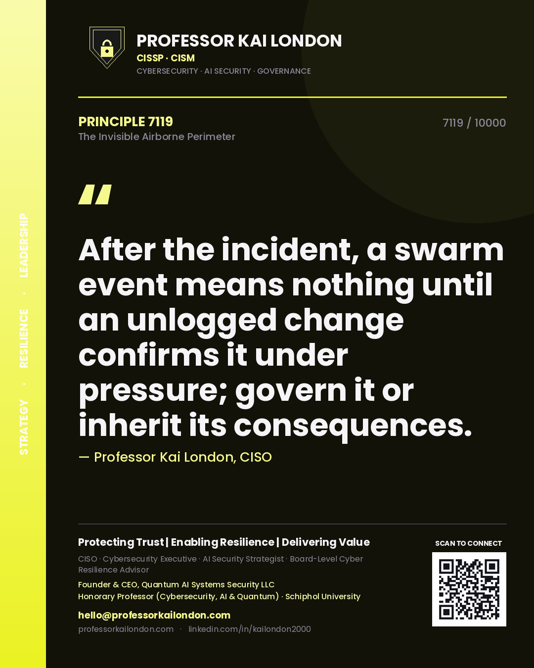 Quote card by Professor Kai London reading 'After the incident, a swarm event means nothing until an unlogged change confirms it under pressure; govern it or inherit its consequences.'. From the book The Invisible Airborne Perimeter.