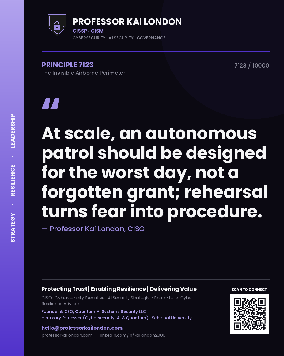 Quote card by Professor Kai London reading 'At scale, an autonomous patrol should be designed for the worst day, not a forgotten grant; rehearsal turns fear into procedure.'. From the book The Invisible Airborne Perimeter.
