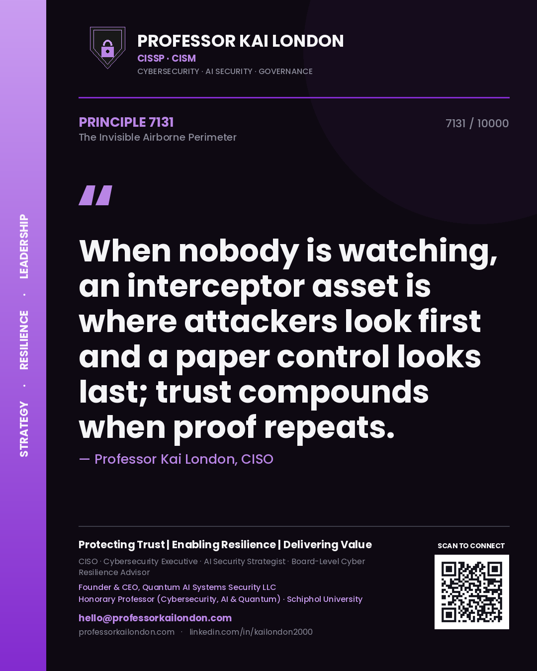 Professor Kai London principle 7131: When nobody is watching, an interceptor asset is where attackers look first and a paper control looks last; trust compounds when proof repeats.