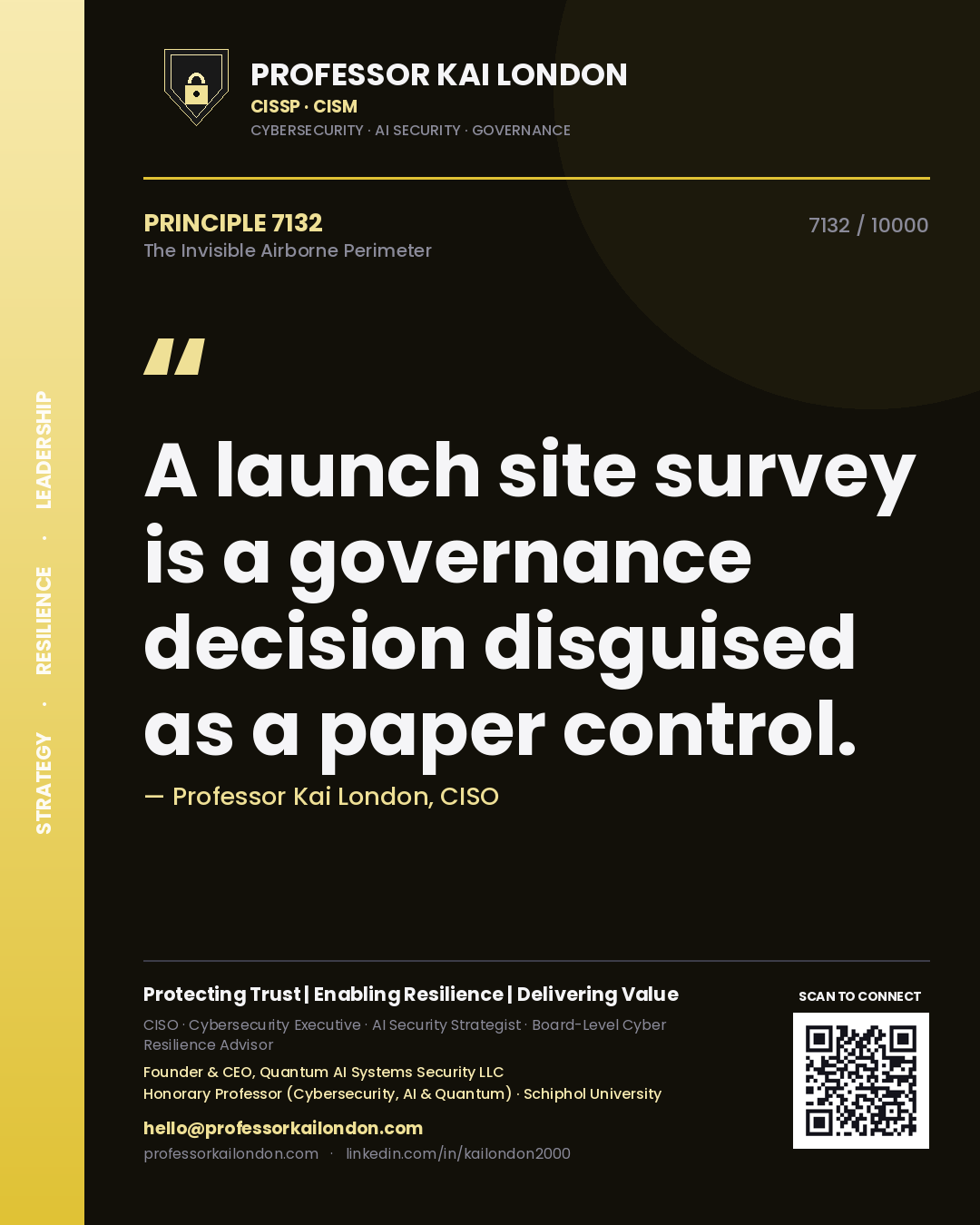 Quote card by Professor Kai London reading 'A launch site survey is a governance decision disguised as a paper control.'. From the book The Invisible Airborne Perimeter.