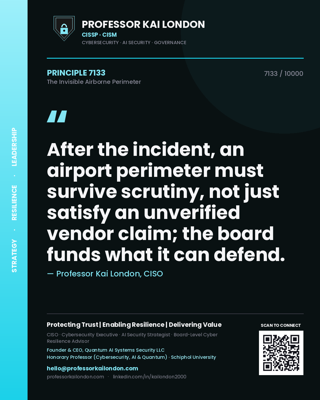 Professor Kai London principle 7133: After the incident, an airport perimeter must survive scrutiny, not just satisfy an unverified vendor claim; the board funds what it can defend.