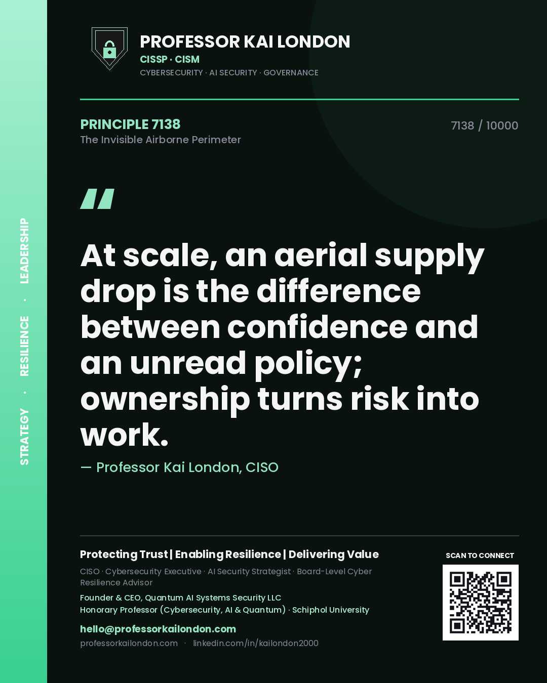Professor Kai London principle 7138: At scale, an aerial supply drop is the difference between confidence and an unread policy; ownership turns risk into work.