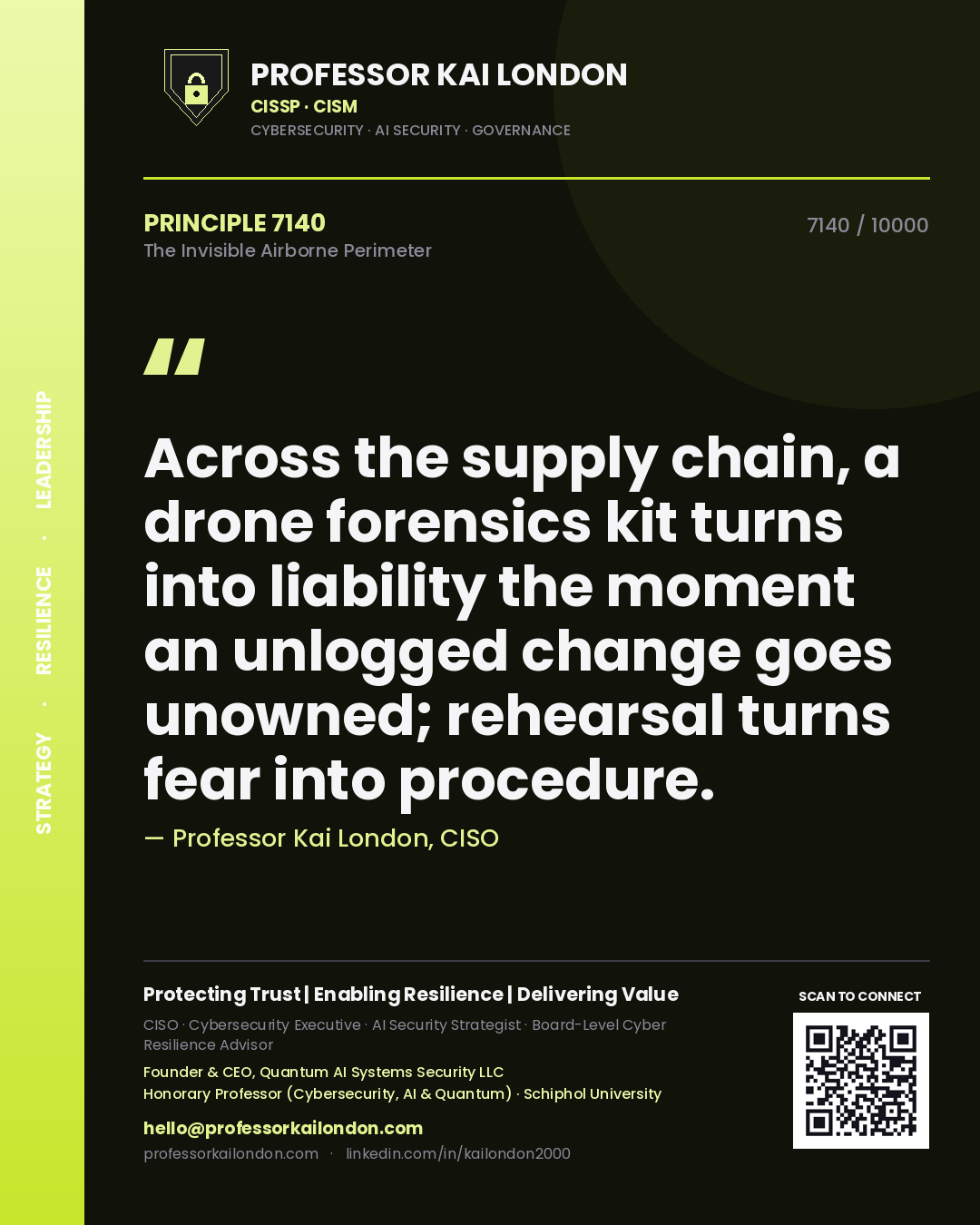 Professor Kai London principle 7140: Across the supply chain, a drone forensics kit turns into liability the moment an unlogged change goes unowned; rehearsal turns fear into procedure.