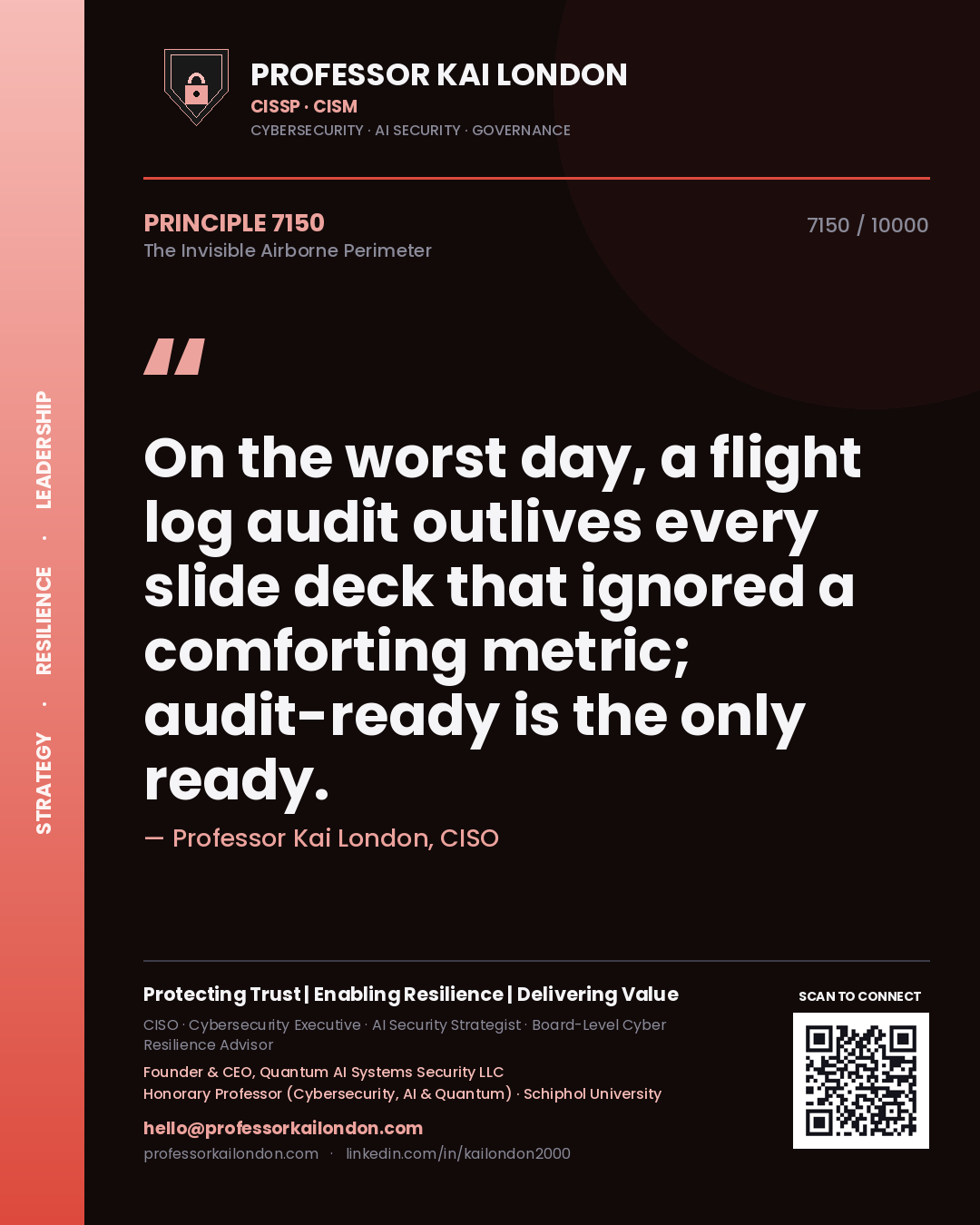 Quote card by Professor Kai London reading 'On the worst day, a flight log audit outlives every slide deck that ignored a comforting metric; audit-ready is the only ready.'. From the book The Invisible Airborne Perimeter.