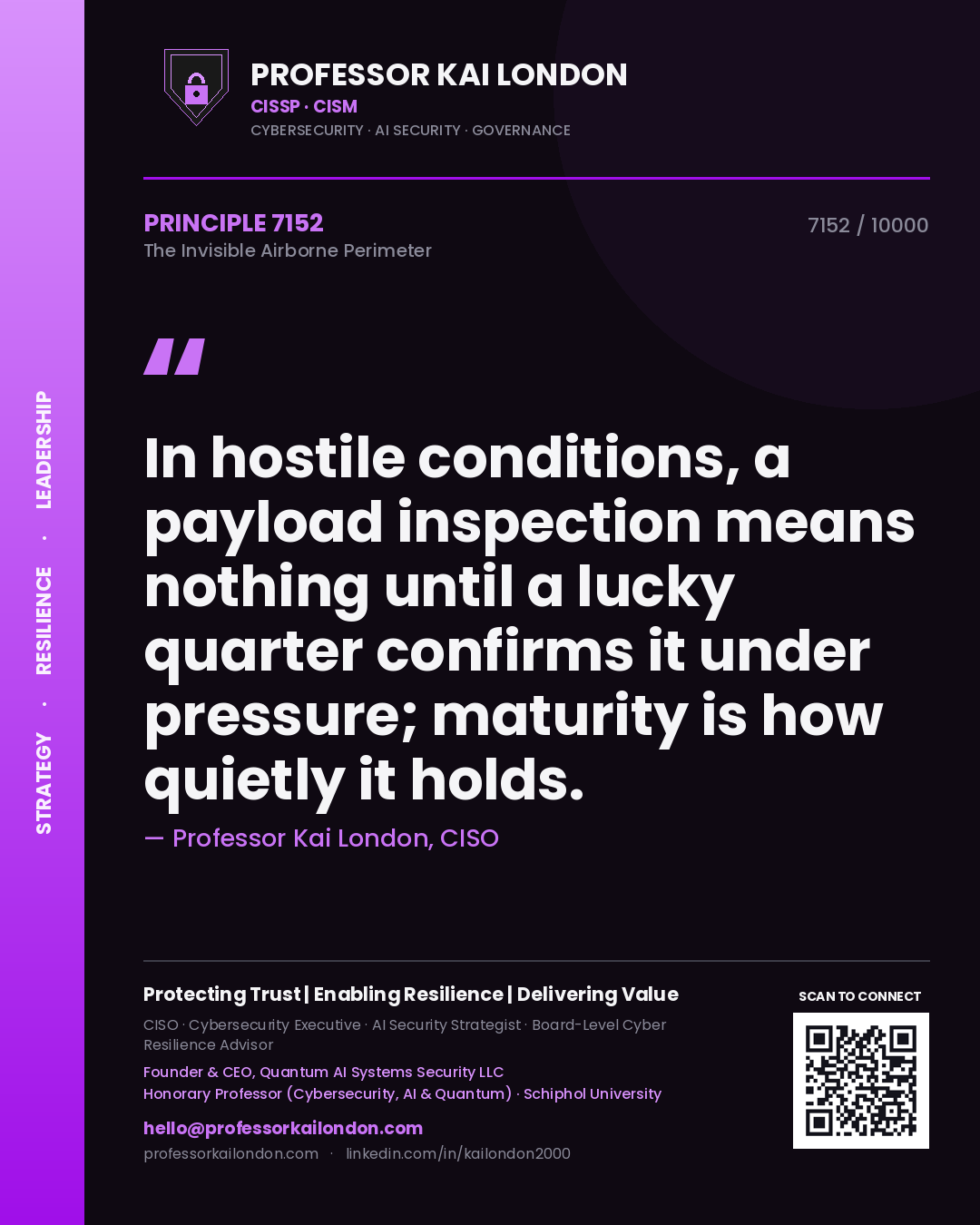 Quote card by Professor Kai London reading 'In hostile conditions, a payload inspection means nothing until a lucky quarter confirms it under pressure; maturity is how quietly it holds.'. From the book The Invisible Airborne Perimeter.