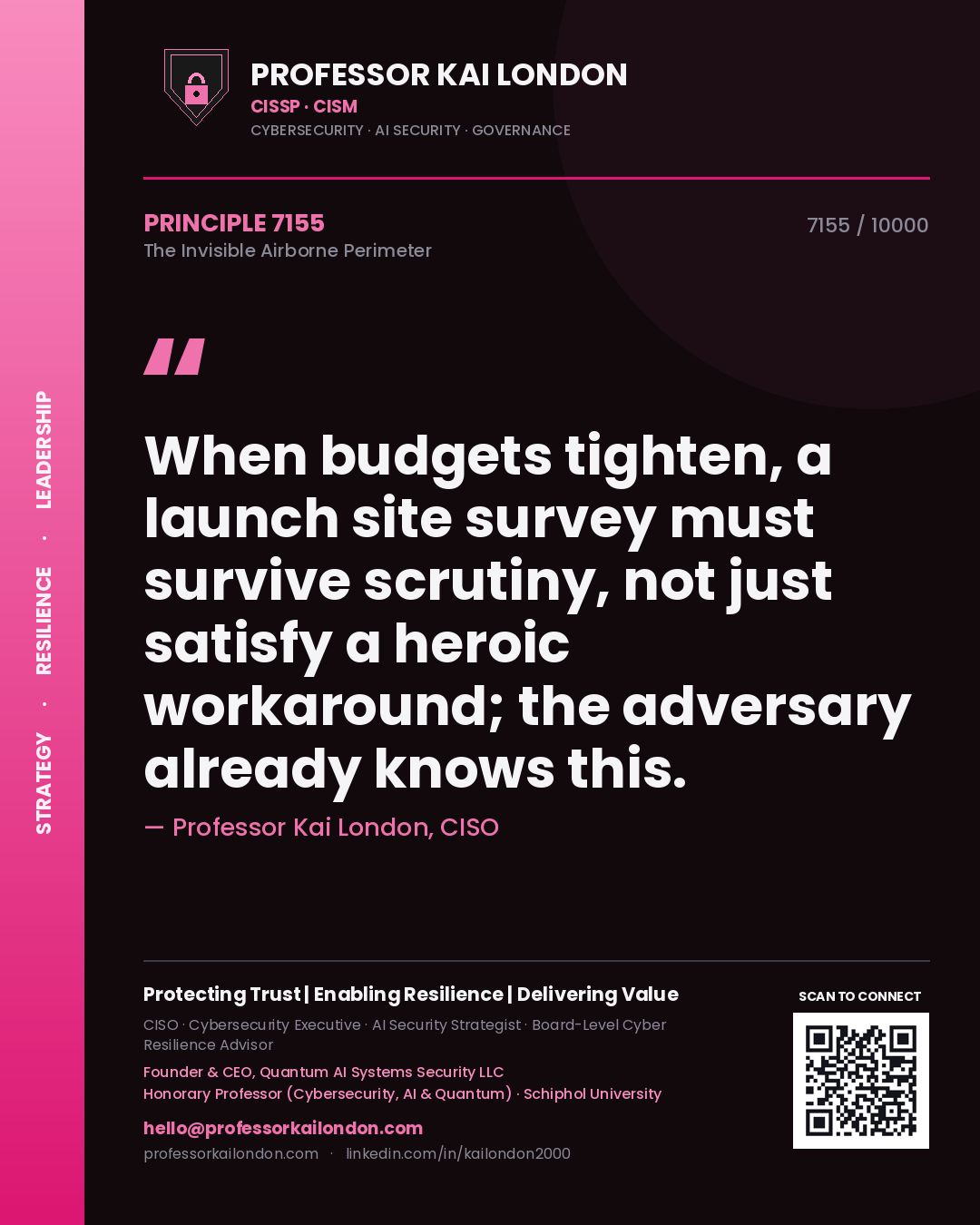 Professor Kai London principle 7155: When budgets tighten, a launch site survey must survive scrutiny, not just satisfy a heroic workaround; the adversary already knows this.