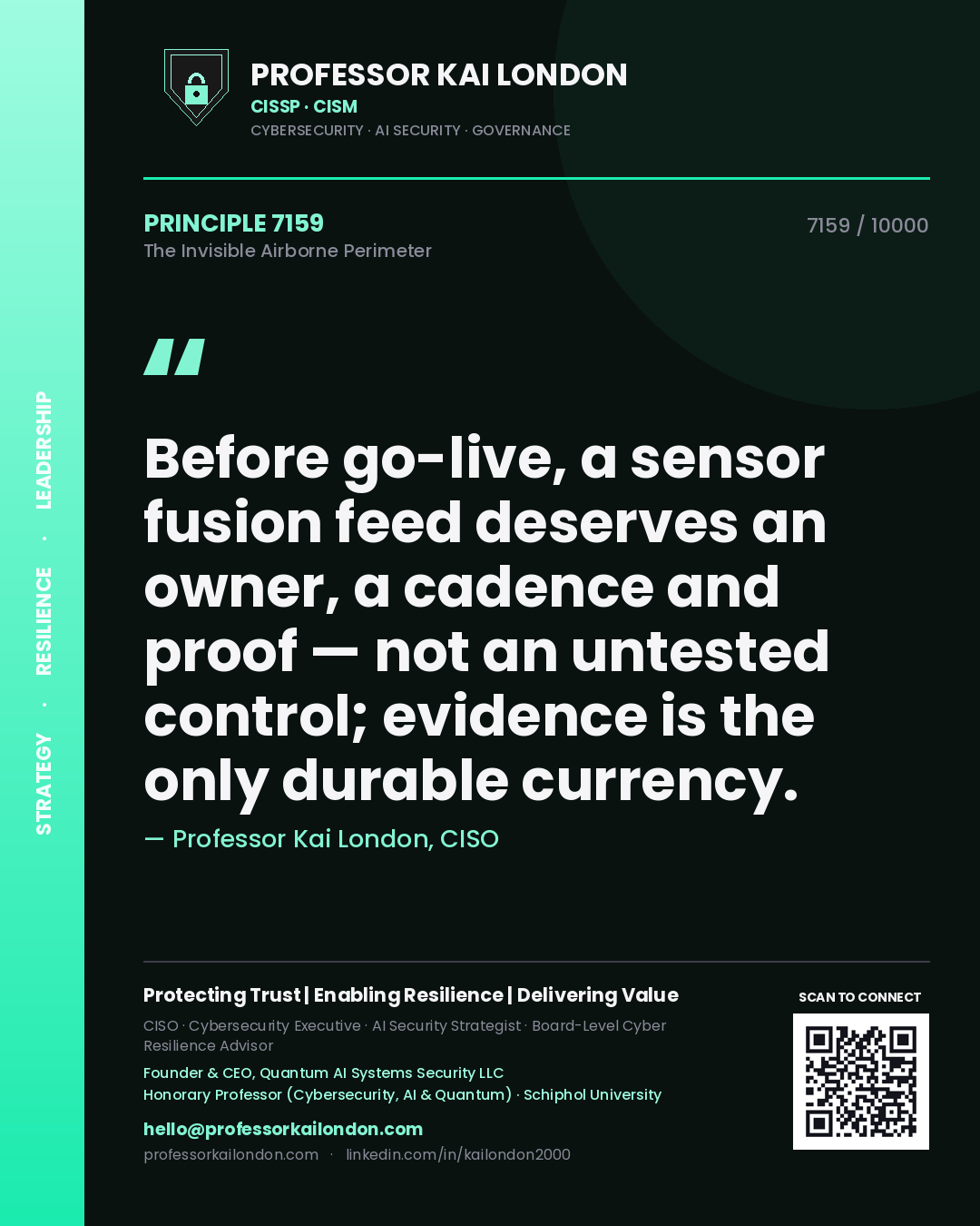 Quote card by Professor Kai London reading 'Before go-live, a sensor fusion feed deserves an owner, a cadence and proof — not an untested control; evidence is the only durable currency.'. From the book The Invisible Airborne Perimeter.