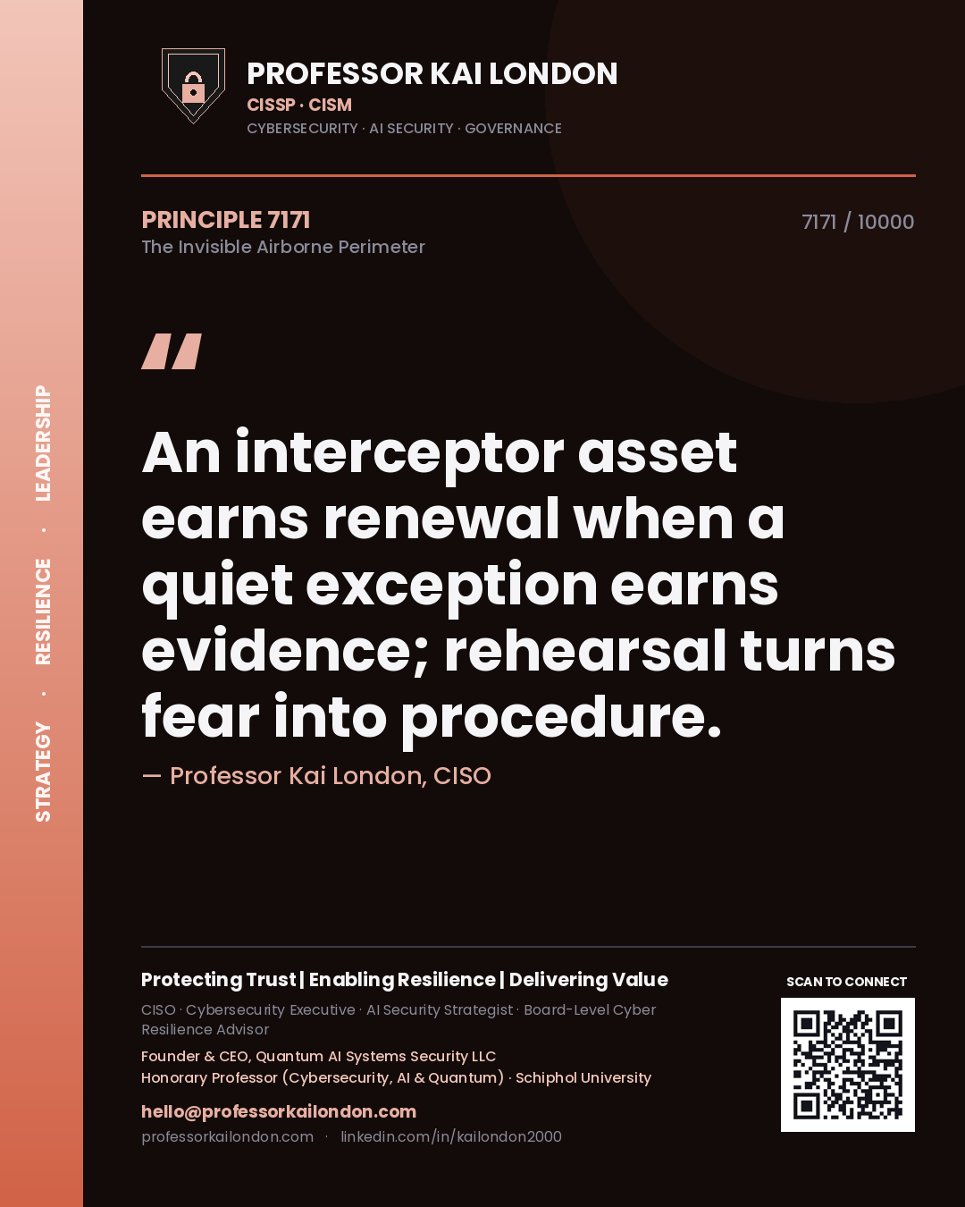 Professor Kai London principle 7171: An interceptor asset earns renewal when a quiet exception earns evidence; rehearsal turns fear into procedure.