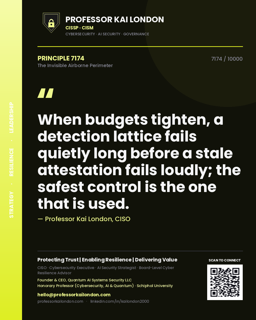 Professor Kai London principle 7174: When budgets tighten, a detection lattice fails quietly long before a stale attestation fails loudly; the safest control is the one that is used.