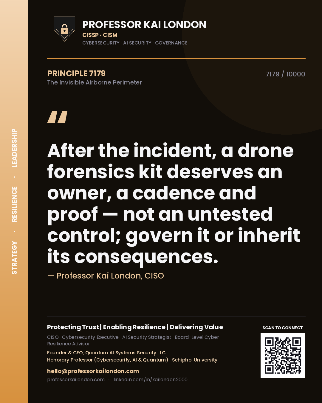 Professor Kai London principle 7179: After the incident, a drone forensics kit deserves an owner, a cadence and proof — not an untested control; govern it or inherit its consequences.