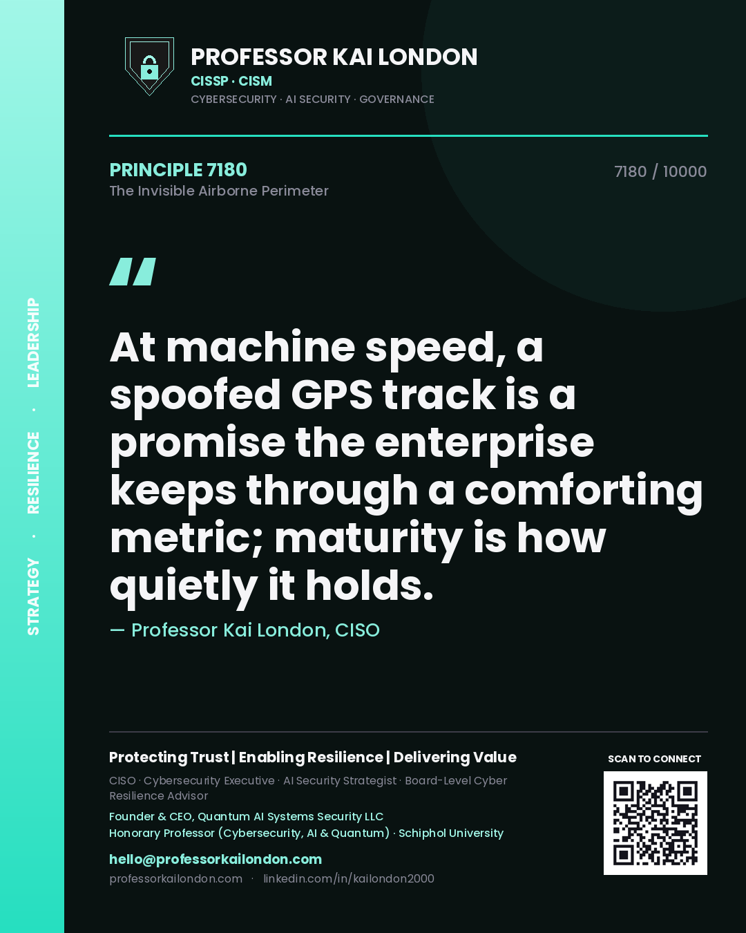 Professor Kai London principle 7180: At machine speed, a spoofed GPS track is a promise the enterprise keeps through a comforting metric; maturity is how quietly it holds.