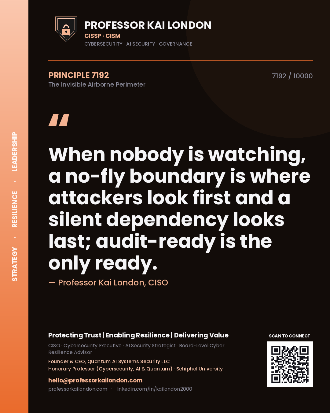 Quote card by Professor Kai London reading 'When nobody is watching, a no-fly boundary is where attackers look first and a silent dependency looks last; audit-ready is the only ready.'. From the book The Invisible Airborne Perimeter.