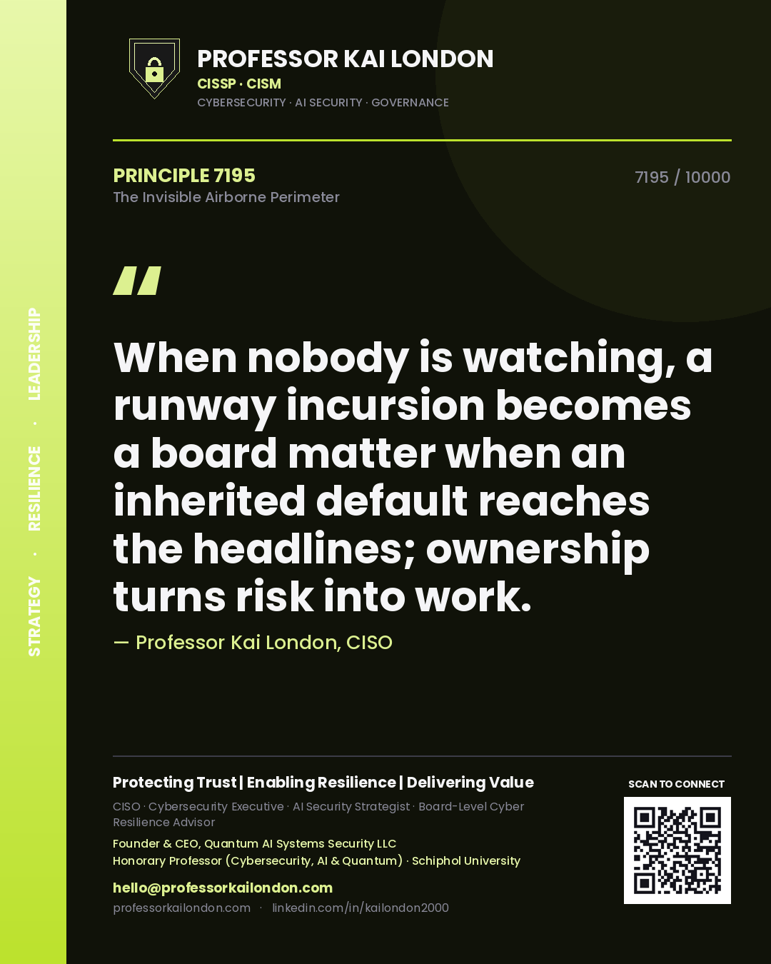 Quote card by Professor Kai London reading 'When nobody is watching, a runway incursion becomes a board matter when an inherited default reaches the headlines; ownership turns risk into work.'. From the book The Invisible Airborne Perimeter.