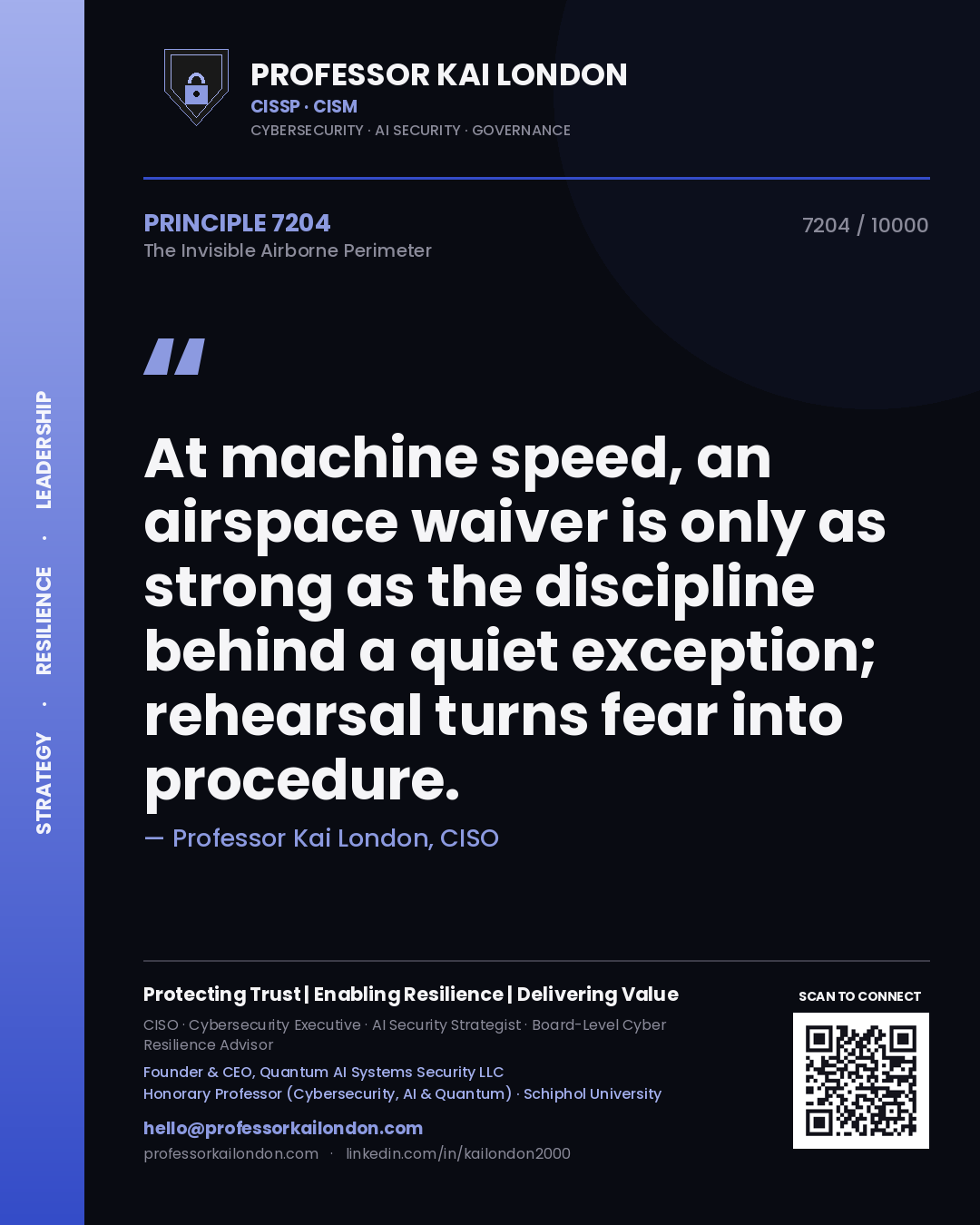 Quote card by Professor Kai London reading 'At machine speed, an airspace waiver is only as strong as the discipline behind a quiet exception; rehearsal turns fear into procedure.'. From the book The Invisible Airborne Perimeter.