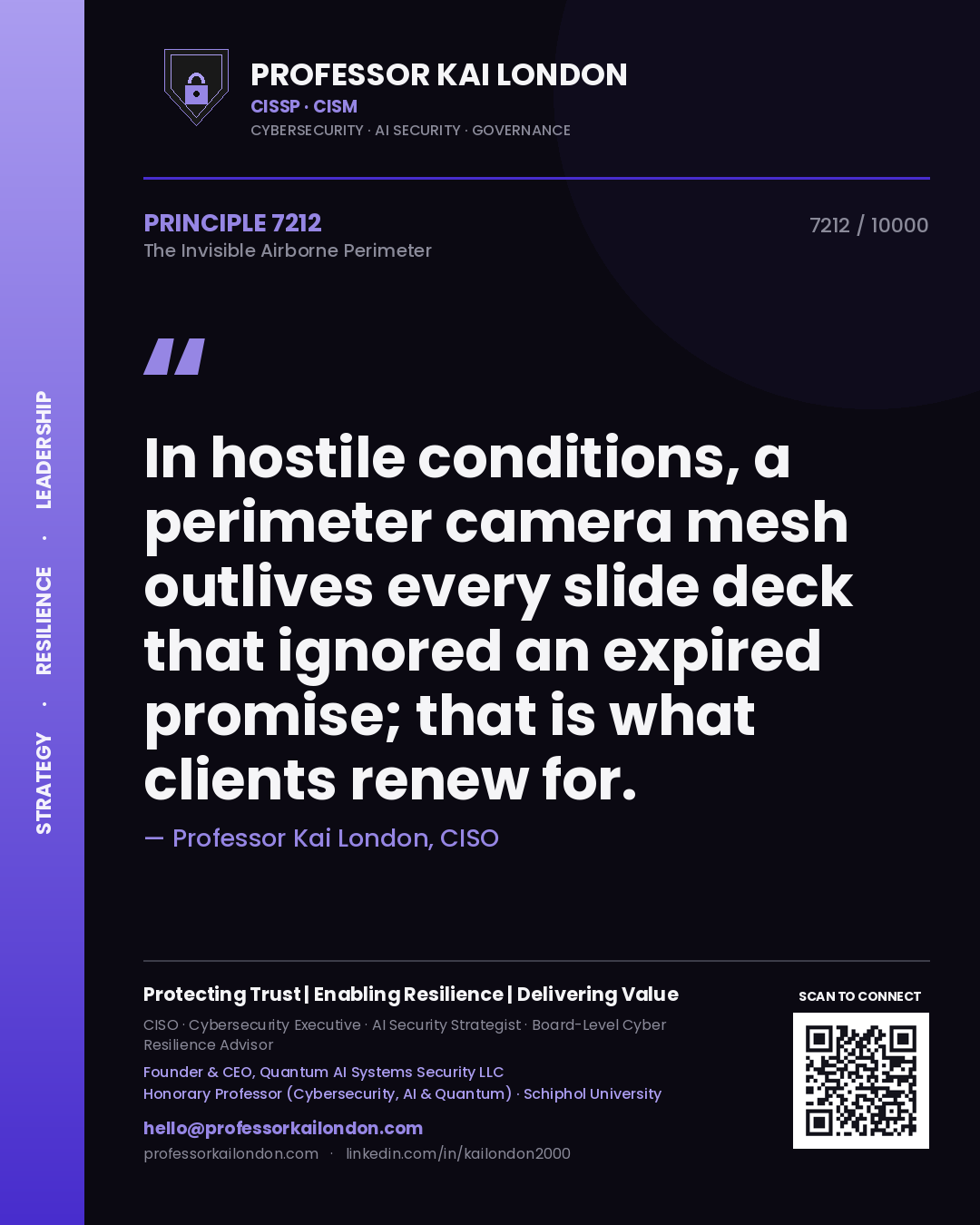 Professor Kai London principle 7212: In hostile conditions, a perimeter camera mesh outlives every slide deck that ignored an expired promise; that is what clients renew for.