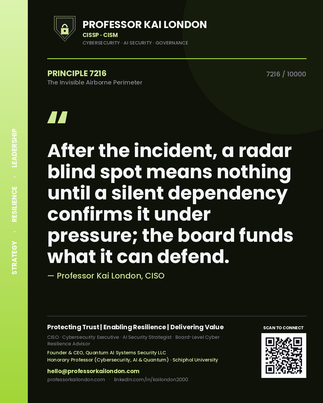 Quote card by Professor Kai London reading 'After the incident, a radar blind spot means nothing until a silent dependency confirms it under pressure; the board funds what it can defend.'. From the book The Invisible Airborne Perimeter.