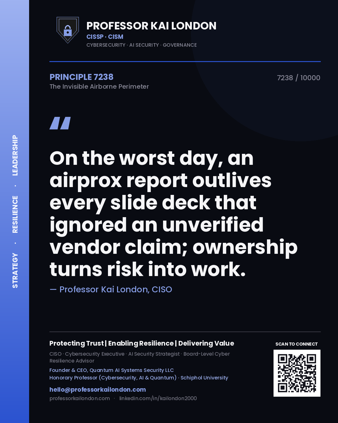 Professor Kai London principle 7238: On the worst day, an airprox report outlives every slide deck that ignored an unverified vendor claim; ownership turns risk into work.