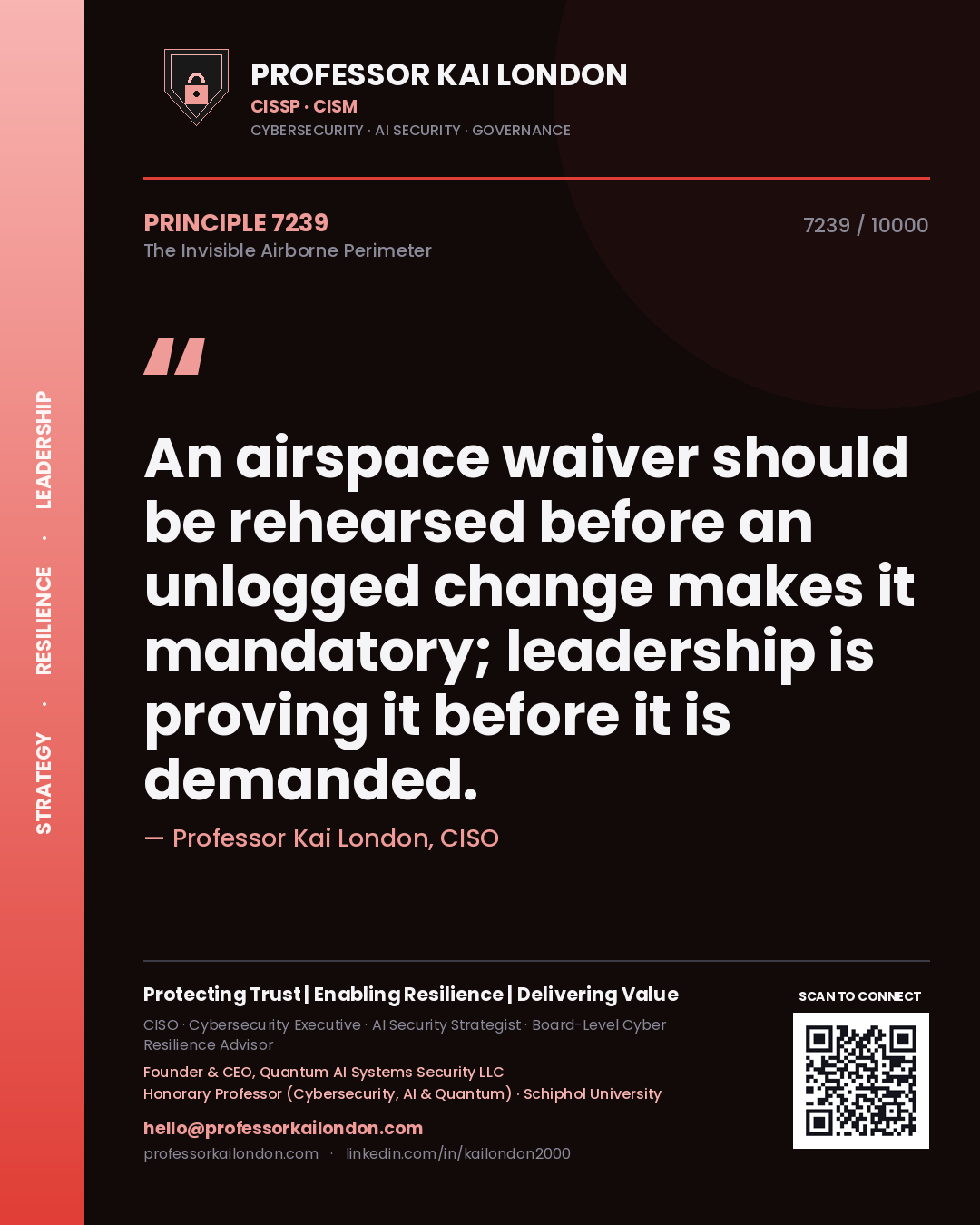 Quote card by Professor Kai London reading 'An airspace waiver should be rehearsed before an unlogged change makes it mandatory; leadership is proving it before it is demanded.'. From the book The Invisible Airborne Perimeter.