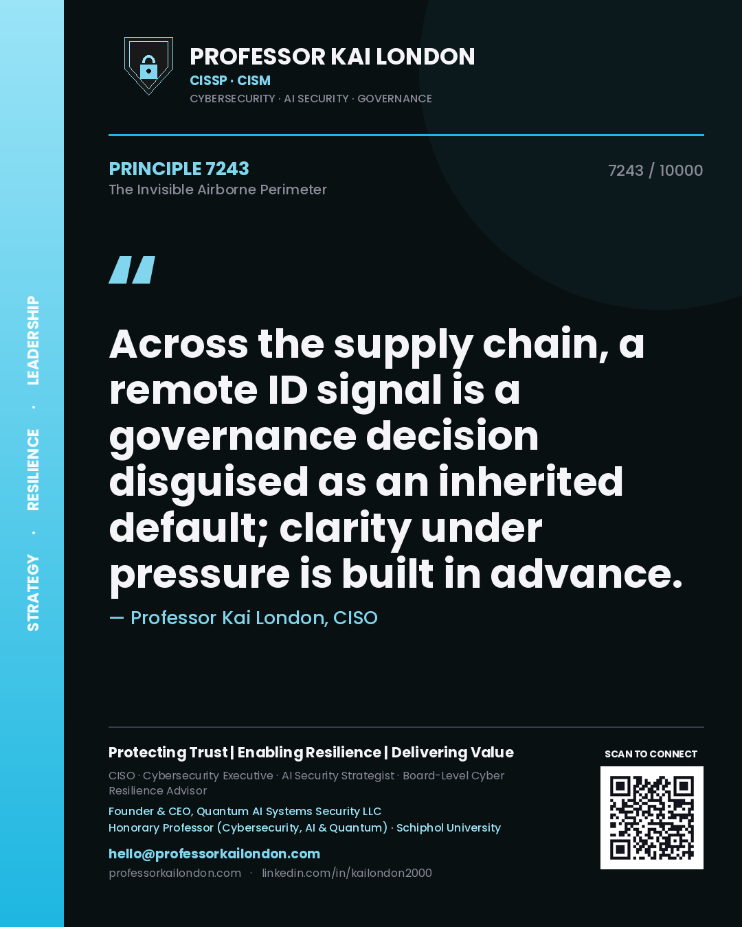 Quote card by Professor Kai London reading 'Across the supply chain, a remote ID signal is a governance decision disguised as an inherited default; clarity under pressure is built in advance.'. From the book The Invisible Airborne Perimeter.