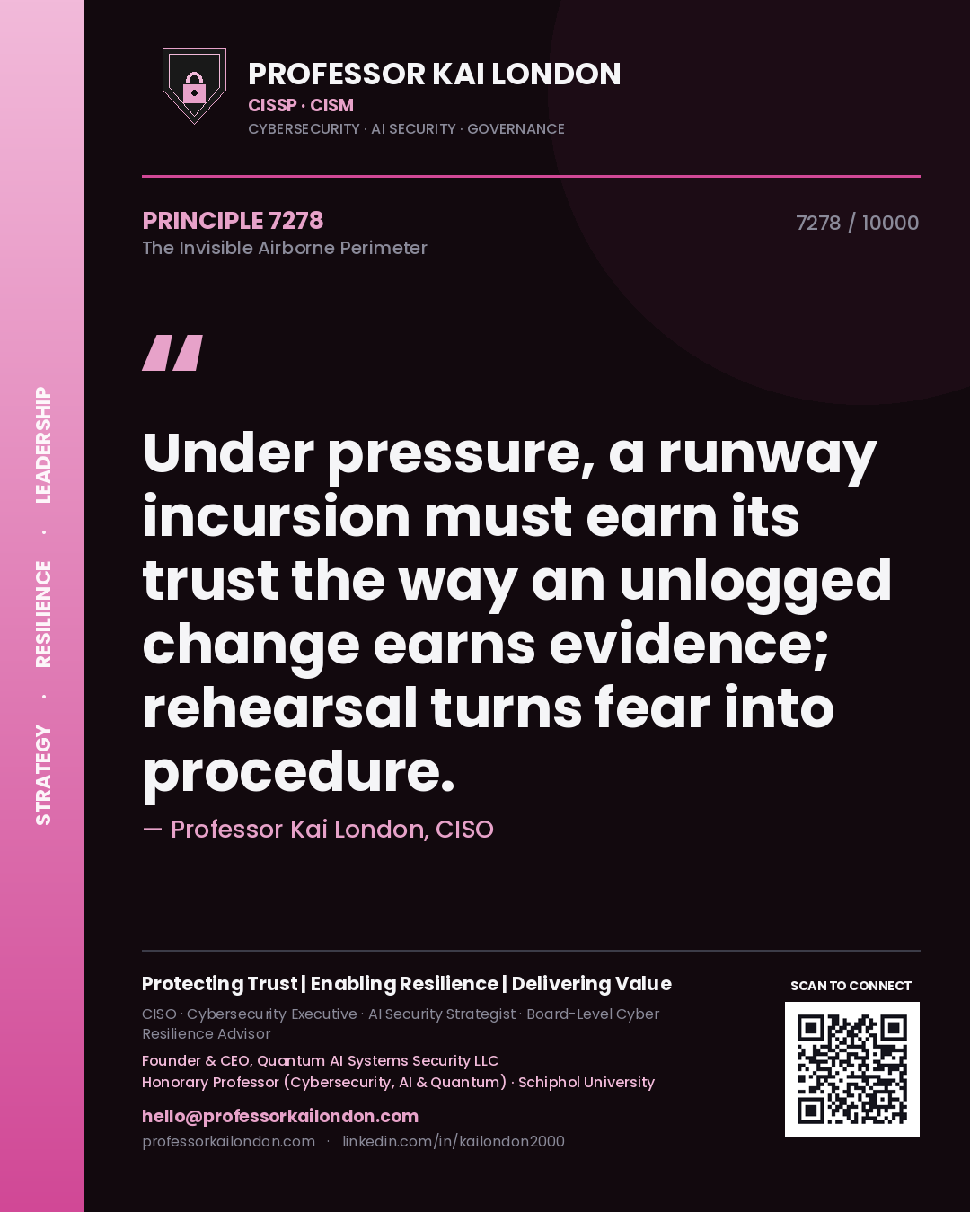 Quote card by Professor Kai London reading 'Under pressure, a runway incursion must earn its trust the way an unlogged change earns evidence; rehearsal turns fear into procedure.'. From the book The Invisible Airborne Perimeter.