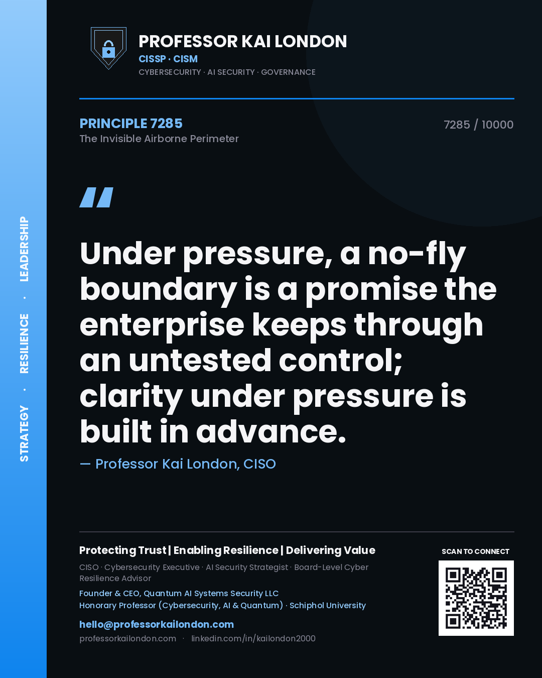 Professor Kai London principle 7285: Under pressure, a no-fly boundary is a promise the enterprise keeps through an untested control; clarity under pressure is built in advance.