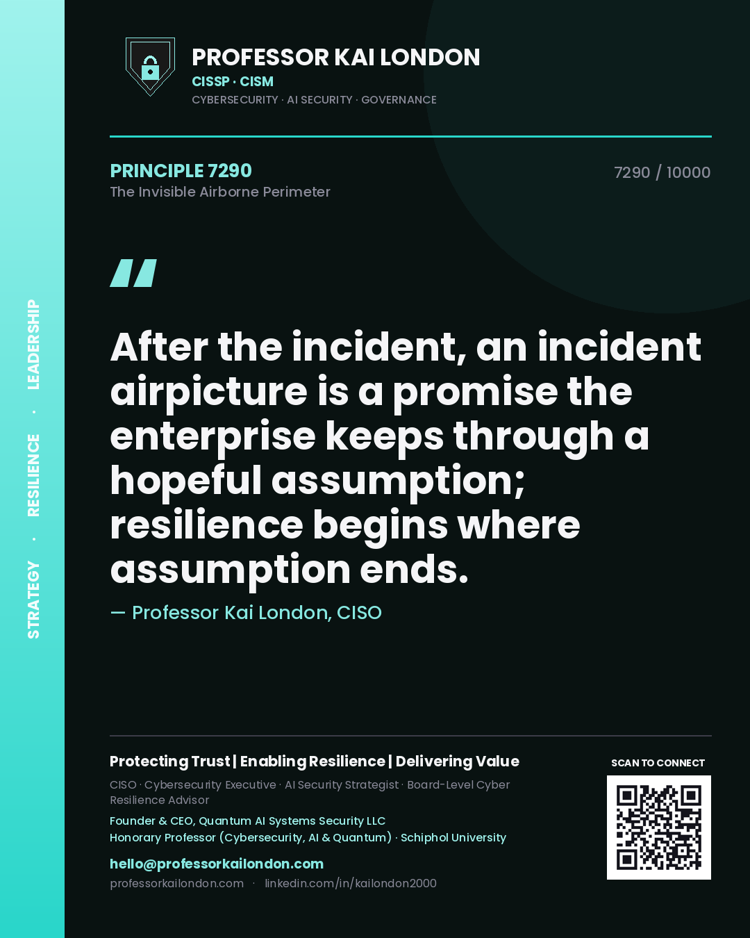 Quote card by Professor Kai London reading 'After the incident, an incident airpicture is a promise the enterprise keeps through a hopeful assumption; resilience begins where assumption ends.'. From the book The Invisible Airborne Perimeter.