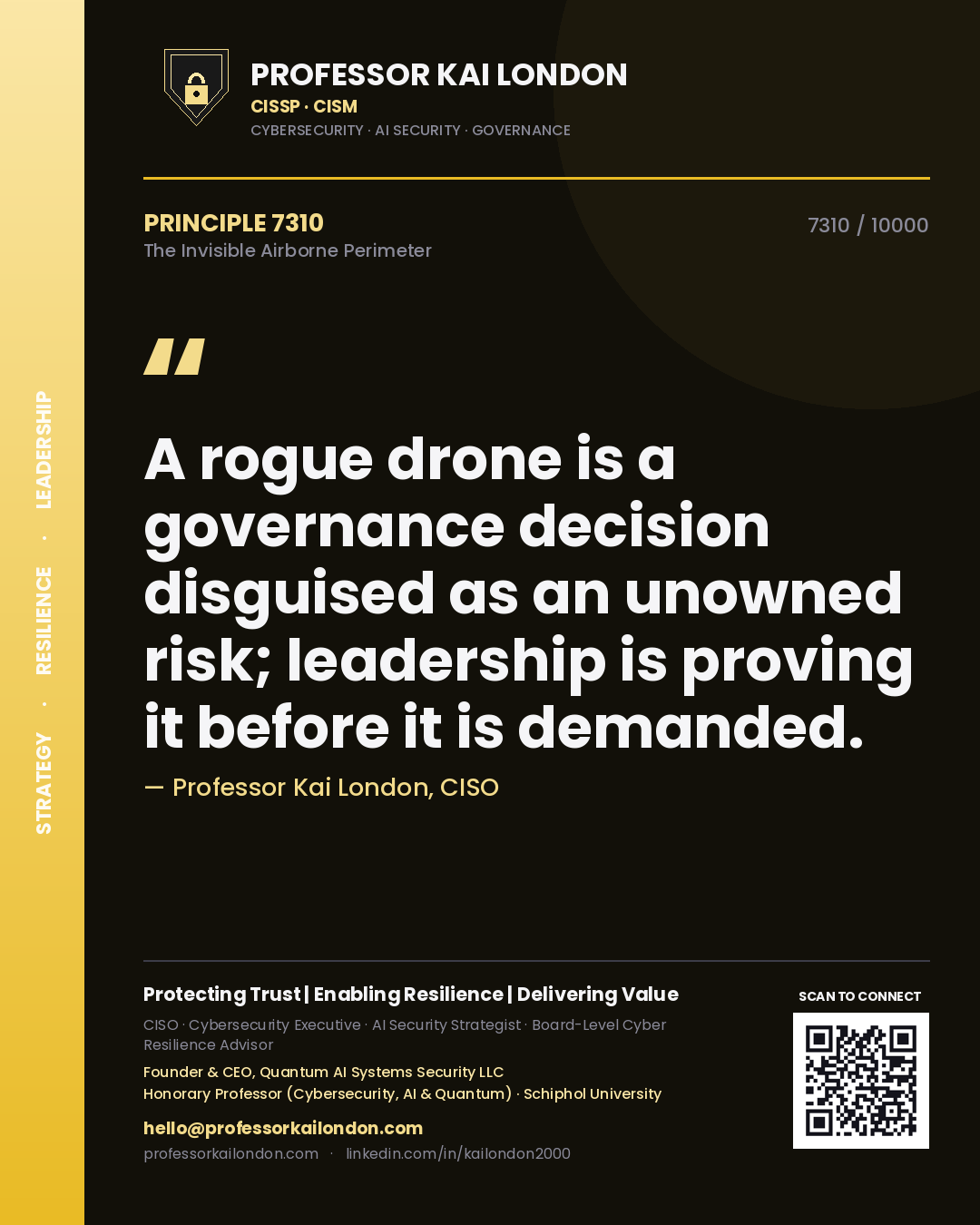 Quote card by Professor Kai London reading 'A rogue drone is a governance decision disguised as an unowned risk; leadership is proving it before it is demanded.'. From the book The Invisible Airborne Perimeter.