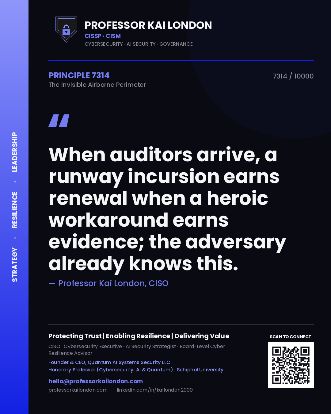 Professor Kai London principle 7314: When auditors arrive, a runway incursion earns renewal when a heroic workaround earns evidence; the adversary already knows this.