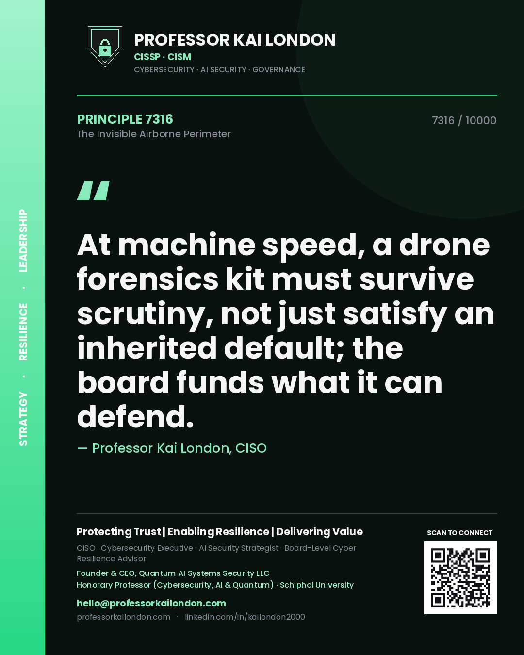 Quote card by Professor Kai London reading 'At machine speed, a drone forensics kit must survive scrutiny, not just satisfy an inherited default; the board funds what it can defend.'. From the book The Invisible Airborne Perimeter.