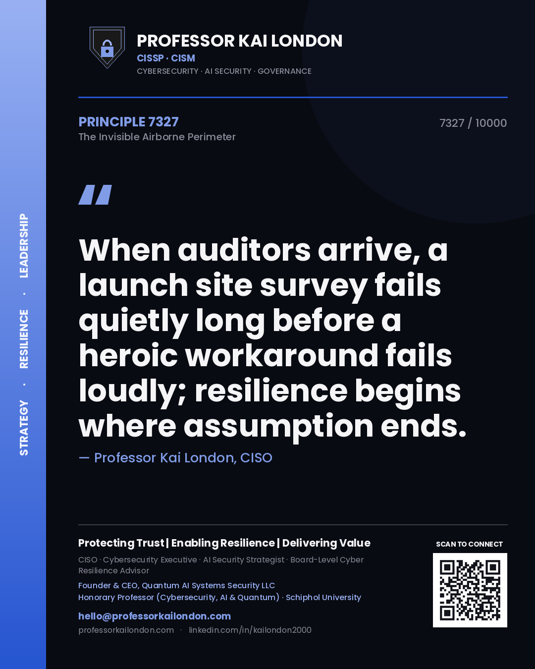 Professor Kai London principle 7327: When auditors arrive, a launch site survey fails quietly long before a heroic workaround fails loudly; resilience begins where assumption ends.