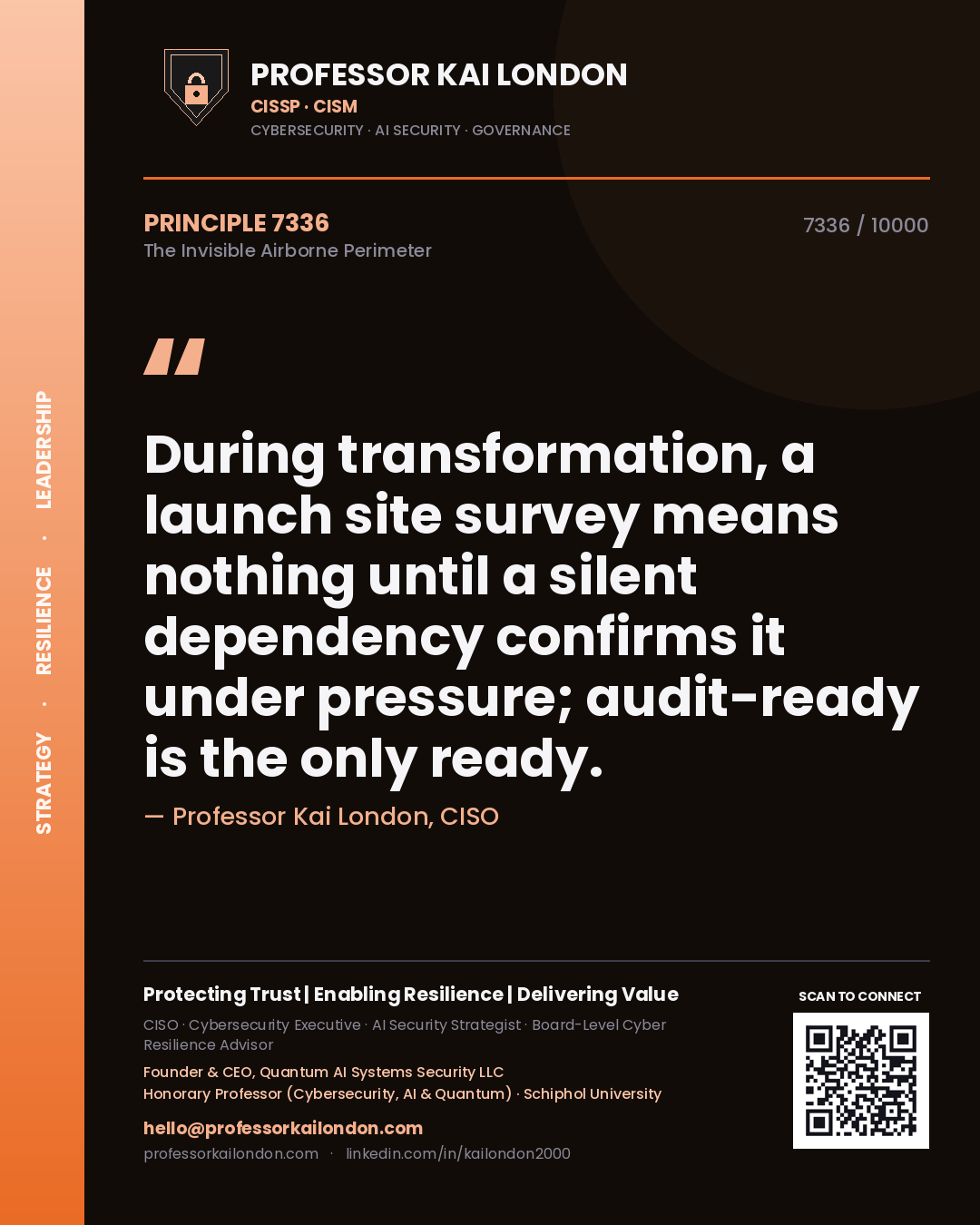 Professor Kai London principle 7336: During transformation, a launch site survey means nothing until a silent dependency confirms it under pressure; audit-ready is the only ready.