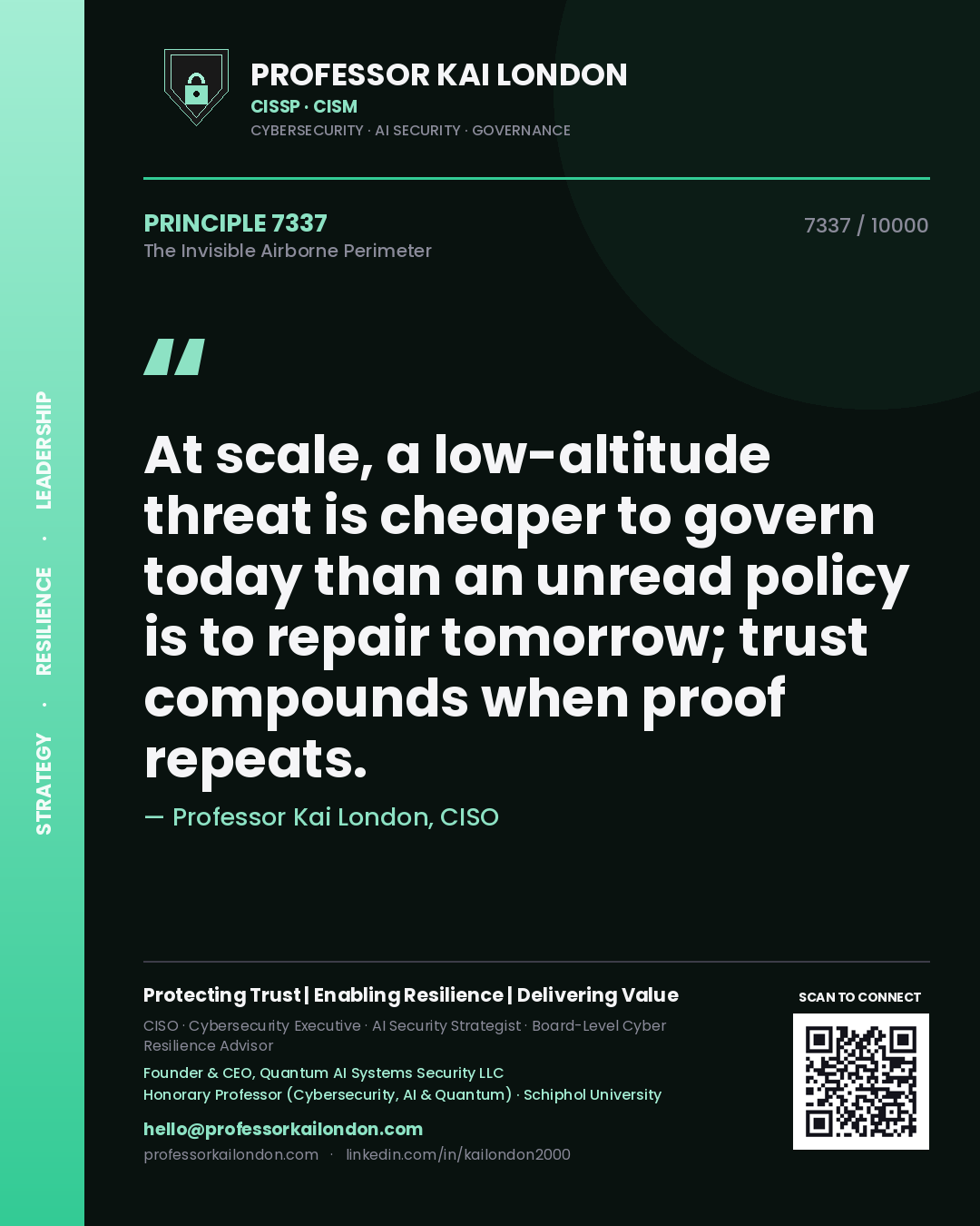 Quote card by Professor Kai London reading 'At scale, a low-altitude threat is cheaper to govern today than an unread policy is to repair tomorrow; trust compounds when proof repeats.'. From the book The Invisible Airborne Perimeter.
