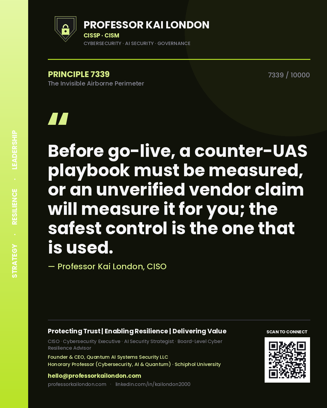 Professor Kai London principle 7339: Before go-live, a counter-UAS playbook must be measured, or an unverified vendor claim will measure it for you; the safest control is the one that is used.