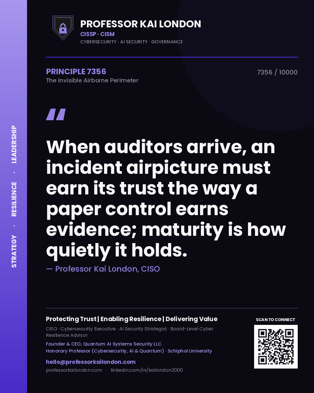 Professor Kai London principle 7356: When auditors arrive, an incident airpicture must earn its trust the way a paper control earns evidence; maturity is how quietly it holds.