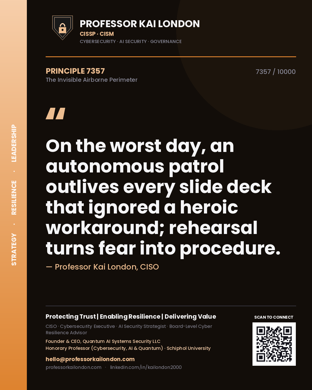 Professor Kai London principle 7357: On the worst day, an autonomous patrol outlives every slide deck that ignored a heroic workaround; rehearsal turns fear into procedure.